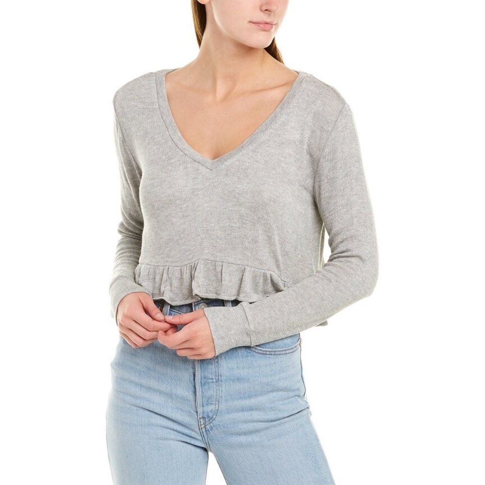BB Dakota Ruffle Hem Cropped V-Neck Sweater Gray XS